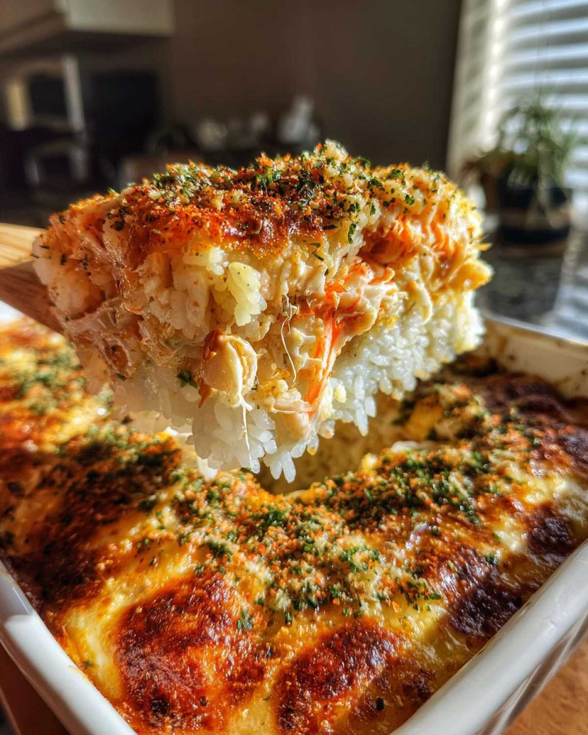 A wooden spatula lifts a generous serving of creamy, cheesy sushi bake topped with furikake from a white baking dish.