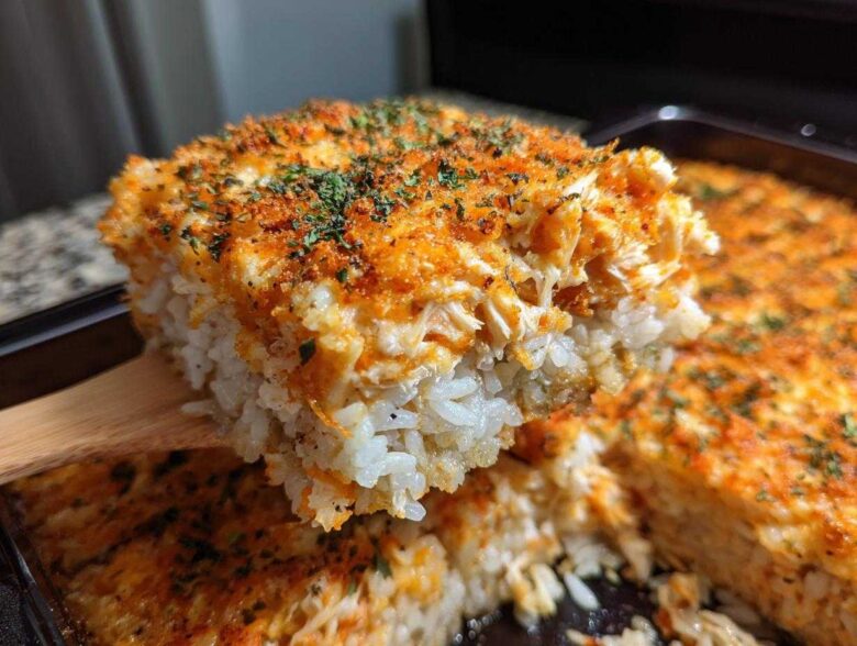 A wooden spatula lifts a thick, cheesy slice of baked sushi bake, showing layers of rice and topping.