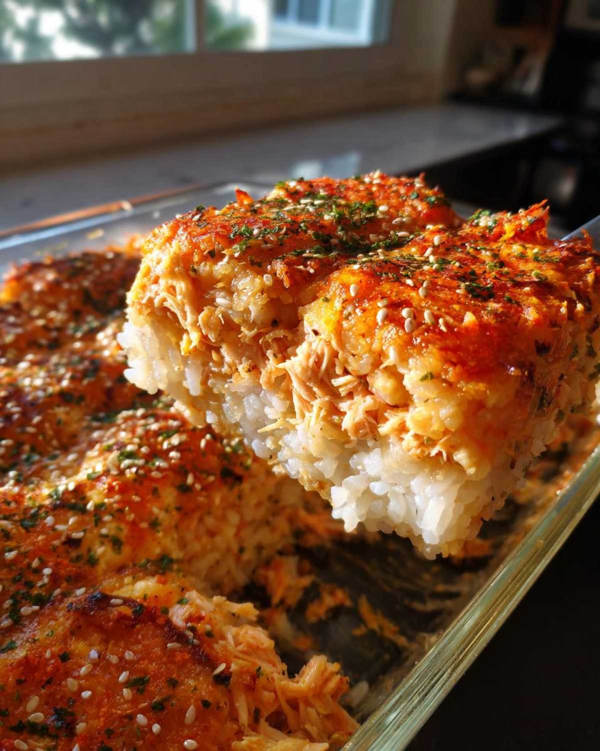 A spatula lifts a square serving of baked, cheesy sushi bake topped with sesame seeds and herbs.
