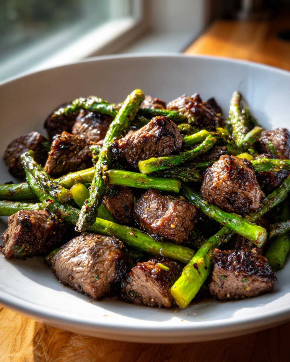 Close-up of juicy steak bites mixed with bright green asparagus, seasoned for Sheet Pan Garlic Butter Steak and Asparagus.