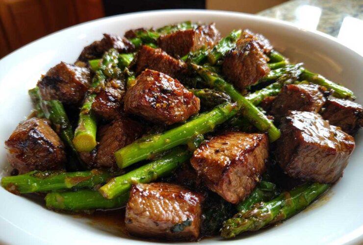 Close-up of juicy steak bites mixed with bright green asparagus, coated in garlic butter sauce from Sheet Pan Garlic Butter Steak and Asparagus.