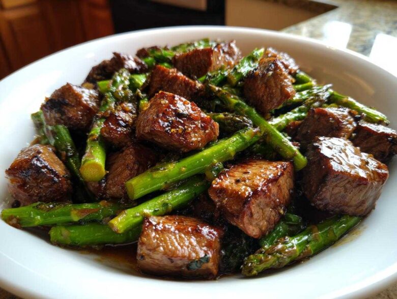 Close-up of juicy steak bites mixed with bright green asparagus, coated in garlic butter sauce from Sheet Pan Garlic Butter Steak and Asparagus.