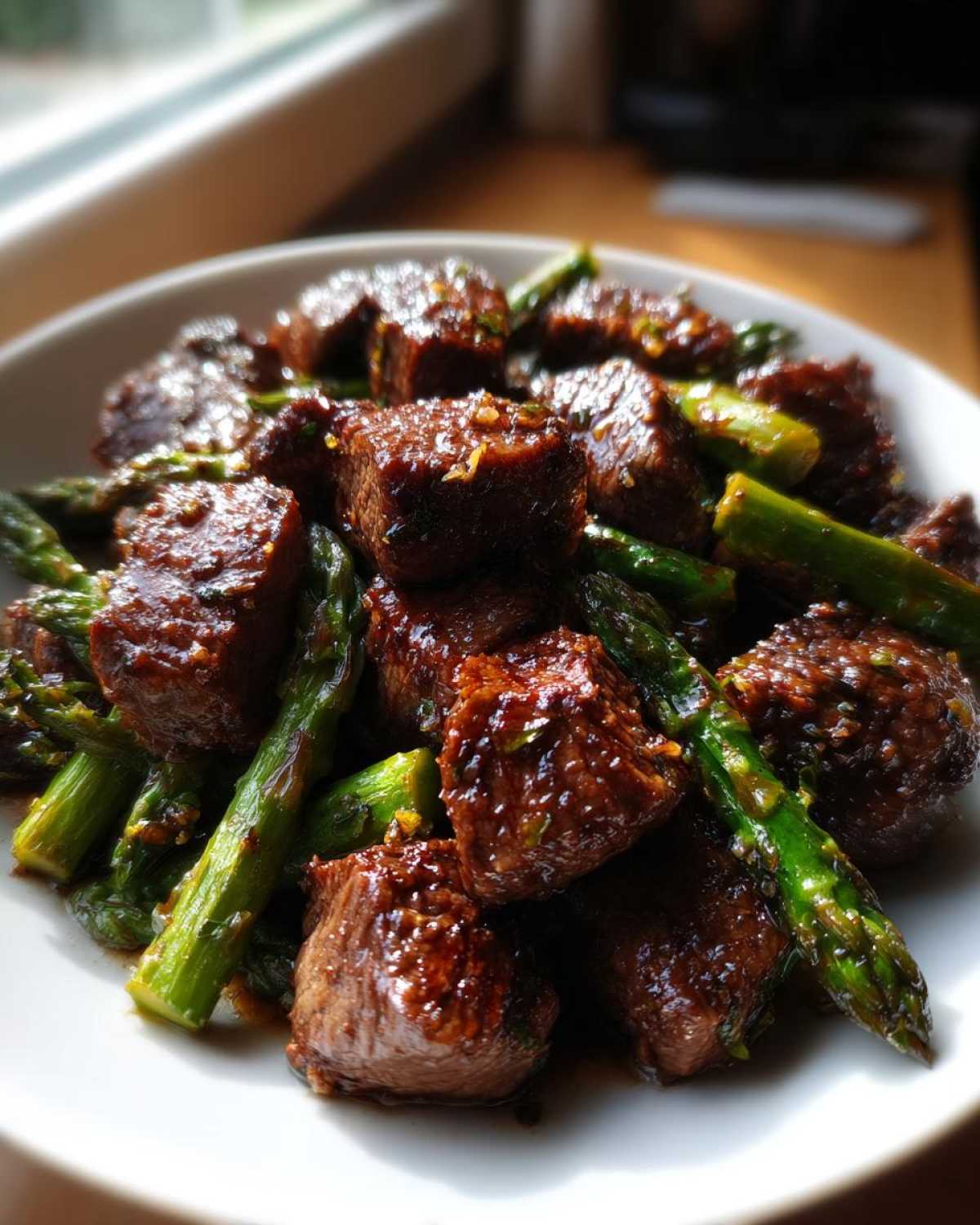 Close-up of juicy steak bites mixed with bright green asparagus, coated in garlic butter sauce.