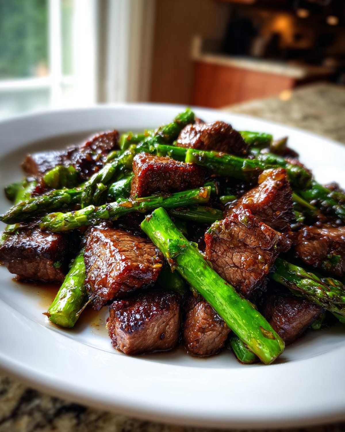Close-up of juicy steak bites and bright green asparagus tossed in garlic butter sauce, representing Sheet Pan Garlic Butter Steak and Asparagus.