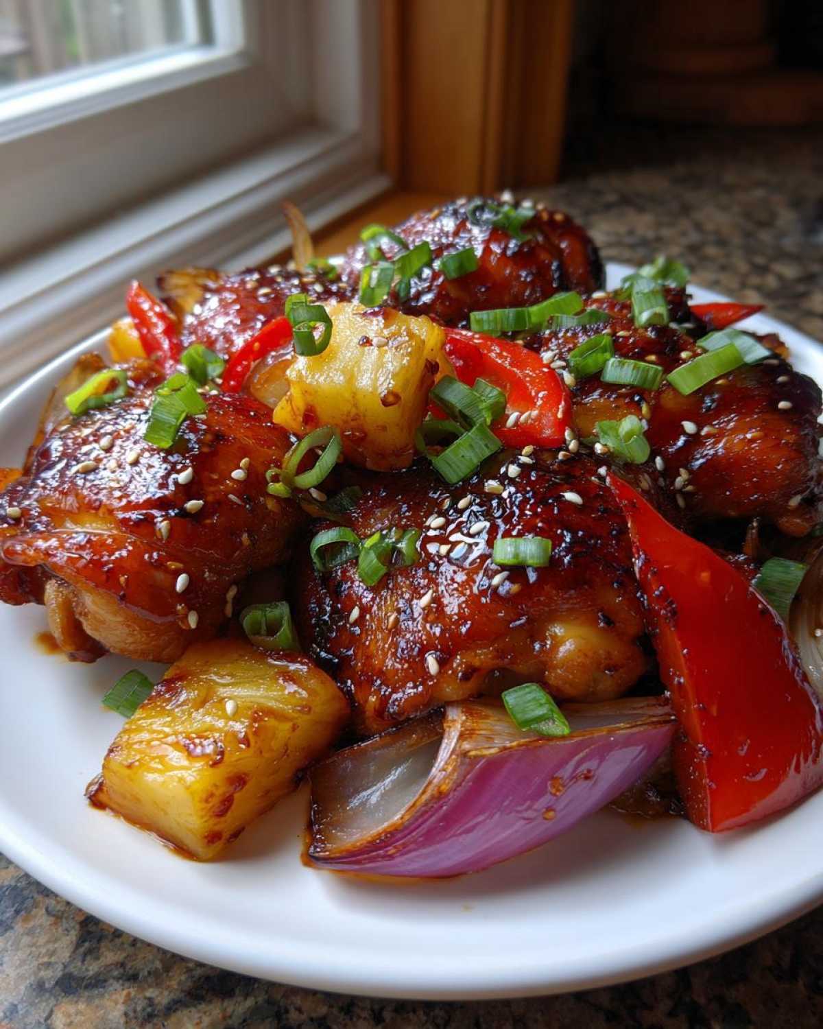 Close-up of glazed Sheet Pan Teriyaki Chicken Thighs with Pineapple, red peppers, and onions.
