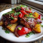 Close-up of glazed Sheet Pan Teriyaki Chicken Thighs with Pineapple, peppers, and onions, topped with sesame seeds.