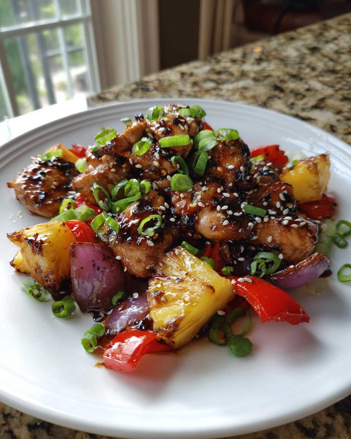 Glazed Sheet Pan Teriyaki Chicken Thighs with pineapple chunks, red peppers, and onions, garnished with sesame seeds.