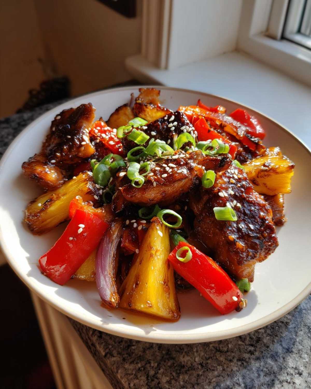 Close-up of glazed Sheet Pan Teriyaki Chicken Thighs with Pineapple, red peppers, and scallions.