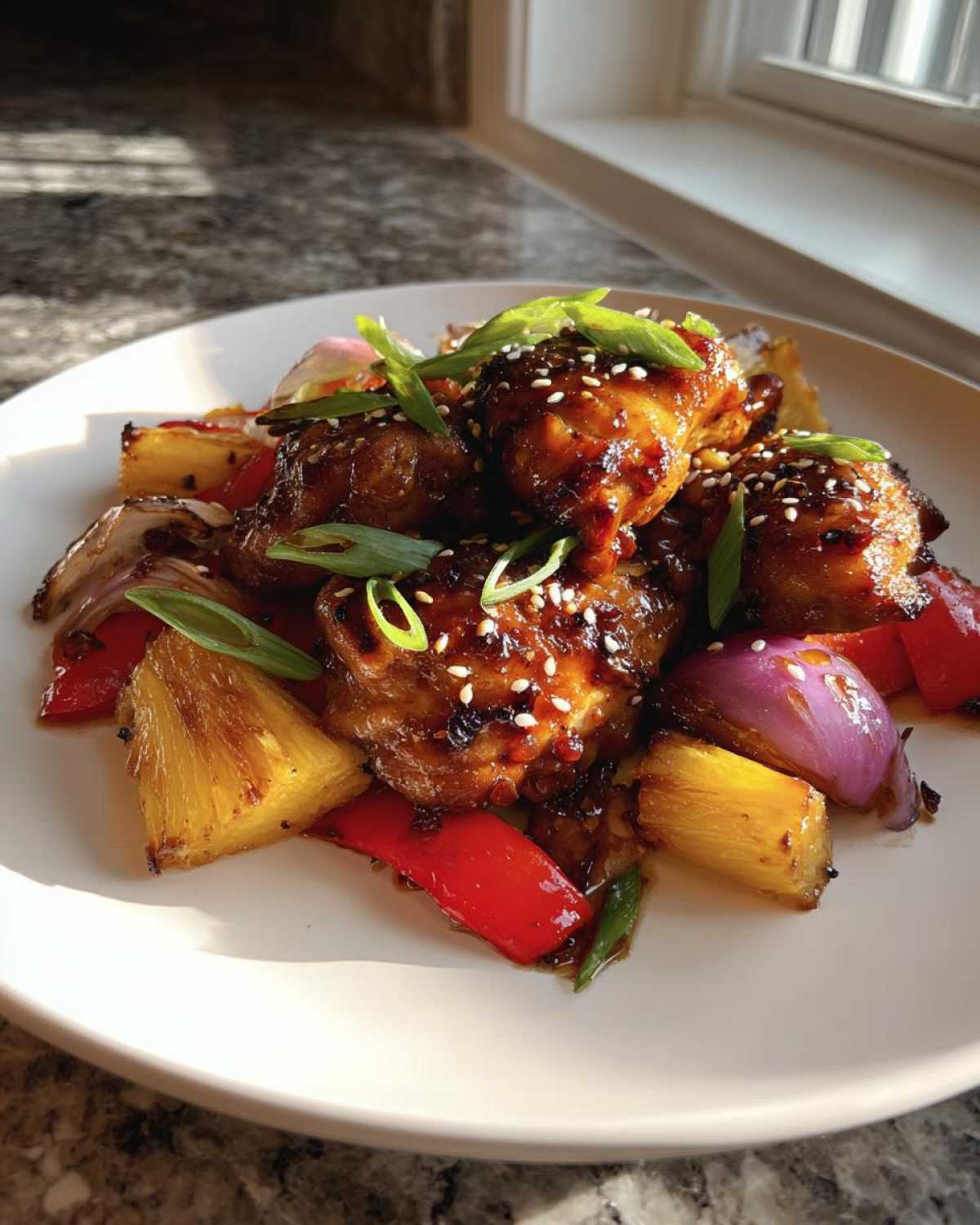 Close-up of glazed Sheet Pan Teriyaki Chicken Thighs with Pineapple, red peppers, and onions, garnished with sesame seeds.