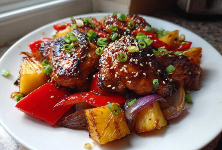 Glazed Sheet Pan Teriyaki Chicken Thighs with pineapple, red peppers, and onions, garnished with sesame seeds.