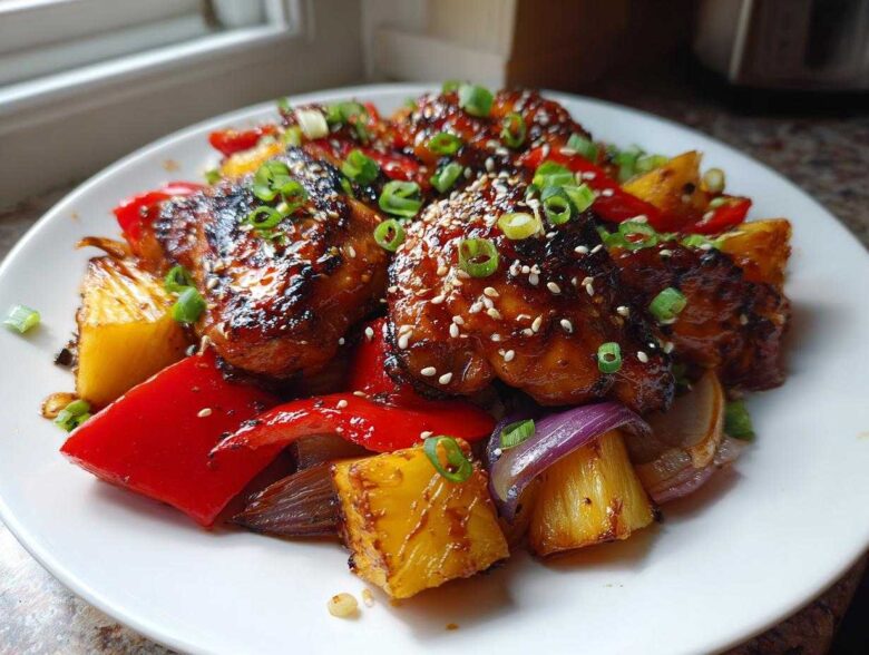 Glazed Sheet Pan Teriyaki Chicken Thighs with pineapple, red peppers, and onions, garnished with sesame seeds.
