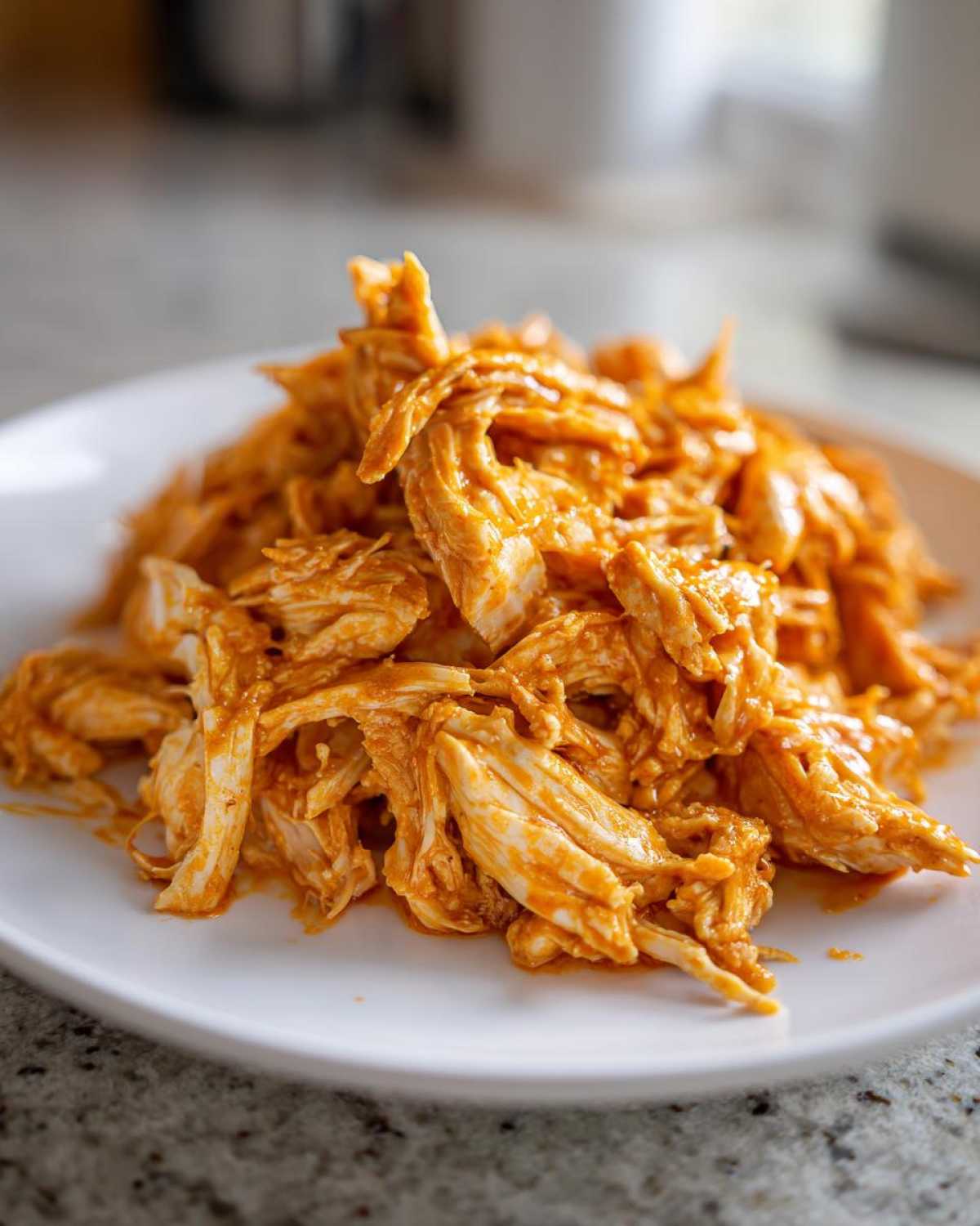 Close-up of shredded buffalo chicken tossed in orange sauce piled on a white plate.