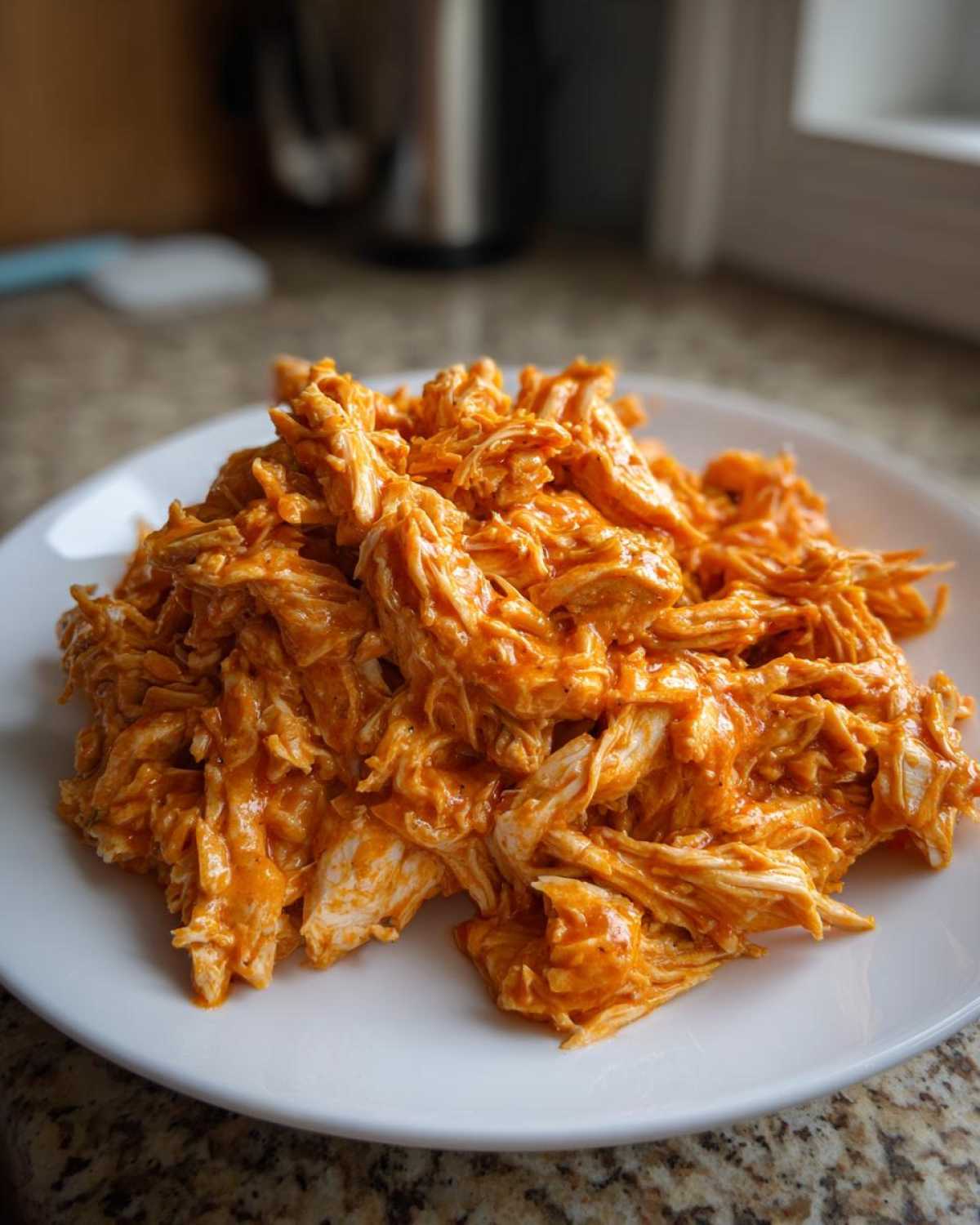 A close-up of shredded buffalo chicken tossed in bright orange sauce piled on a white plate.
