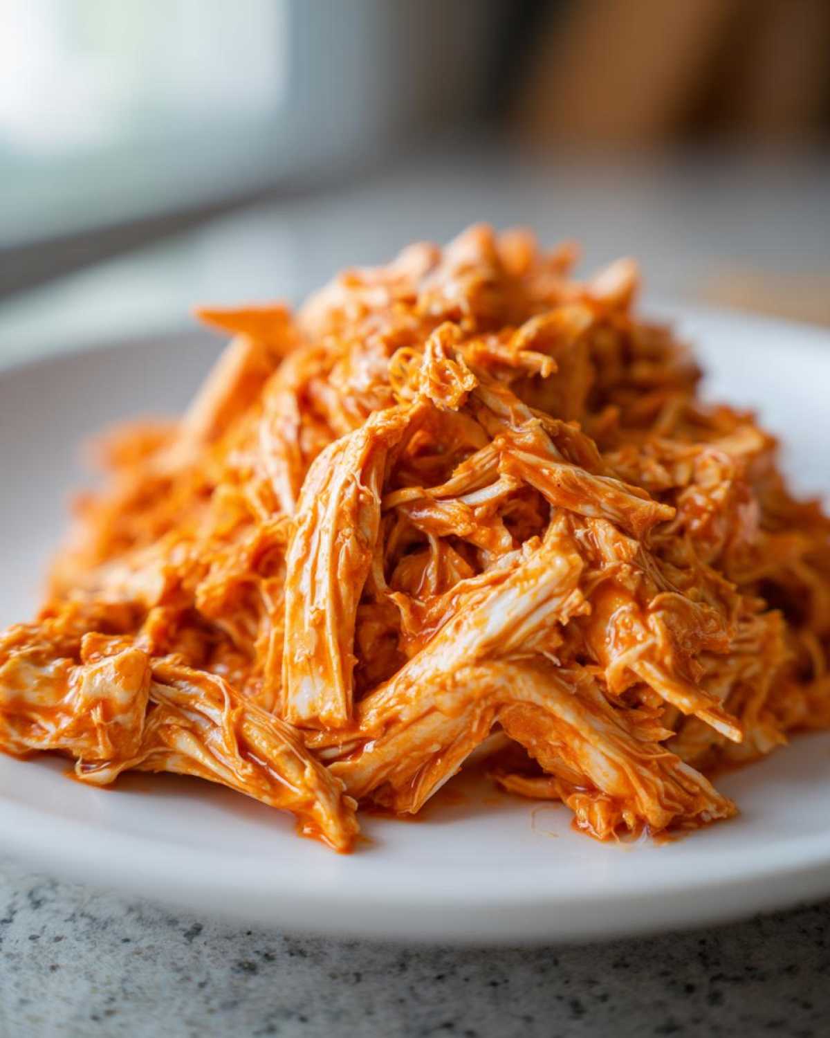 Close-up of shredded buffalo chicken coated in bright orange sauce piled on a white plate.