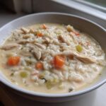 Close-up of a bowl of Slow Cooker Creamy Chicken and Wild Rice Soup with shredded chicken, rice, carrots, and celery.