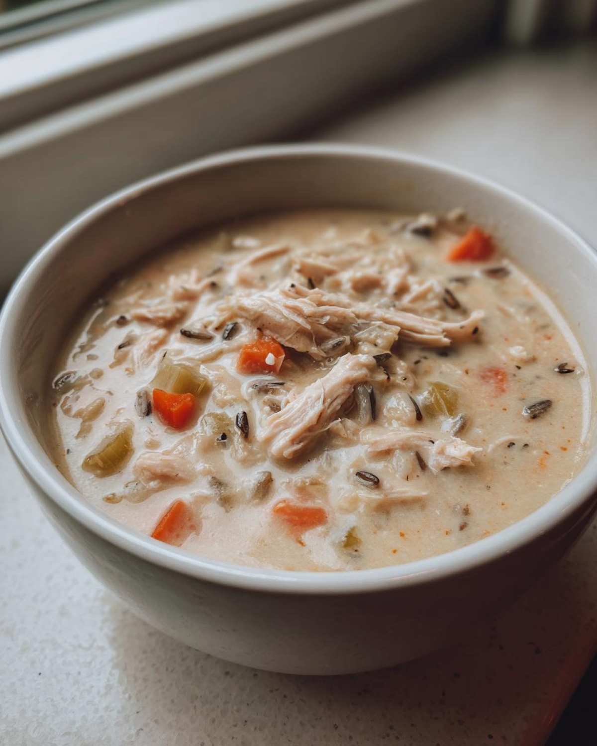 Close-up of a white bowl filled with Slow Cooker Creamy Chicken and Wild Rice Soup, featuring shredded chicken, wild rice, carrots, and celery.