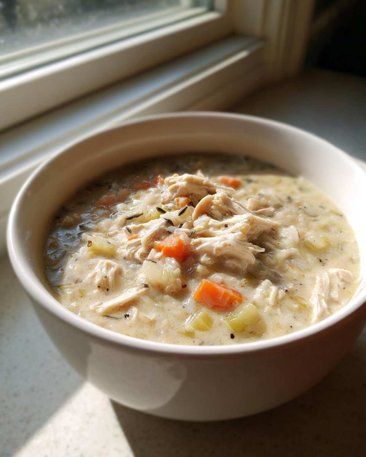 A close-up of a white bowl filled with Slow Cooker Creamy Chicken and Wild Rice Soup, topped with shredded chicken and carrots.