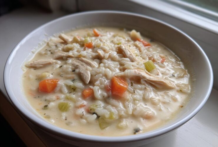 Close-up of a bowl of Slow Cooker Creamy Chicken and Wild Rice Soup with shredded chicken, rice, carrots, and celery.