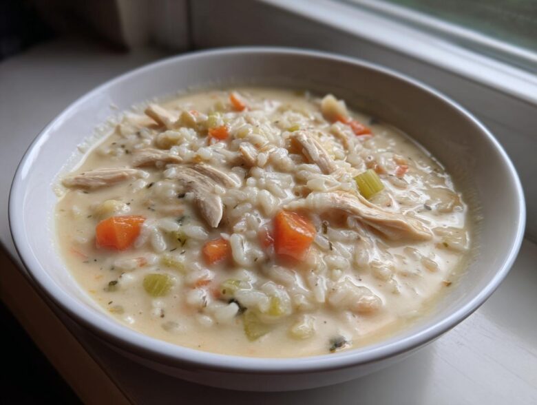 Close-up of a bowl of Slow Cooker Creamy Chicken and Wild Rice Soup with shredded chicken, rice, carrots, and celery.