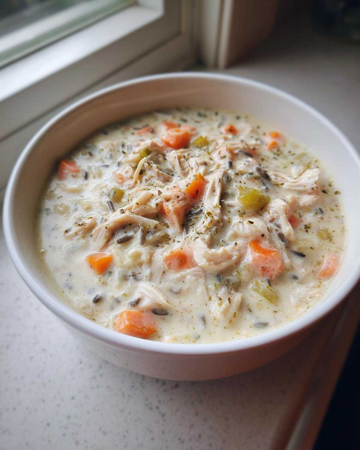 A close-up of a white bowl filled with Slow Cooker Creamy Chicken and Wild Rice Soup, featuring shredded chicken, wild rice, carrots, and herbs.