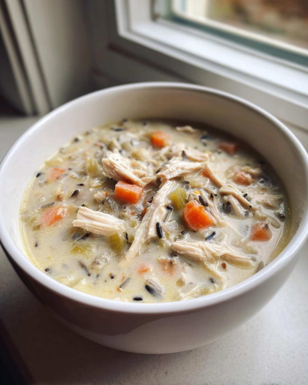 A close-up of a white bowl filled with Slow Cooker Creamy Chicken and Wild Rice Soup, featuring shredded chicken, carrots, and wild rice.