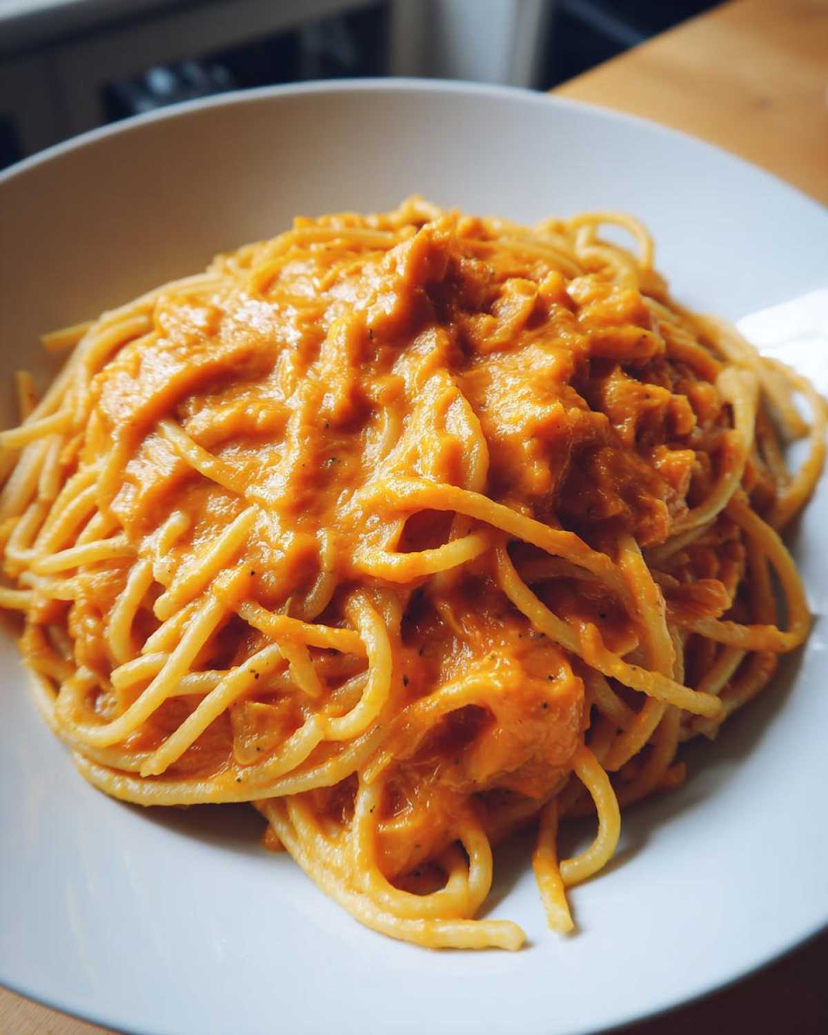 Close-up of spaghetti tossed generously in a thick, orange butternut squash pasta sauce in a white bowl.