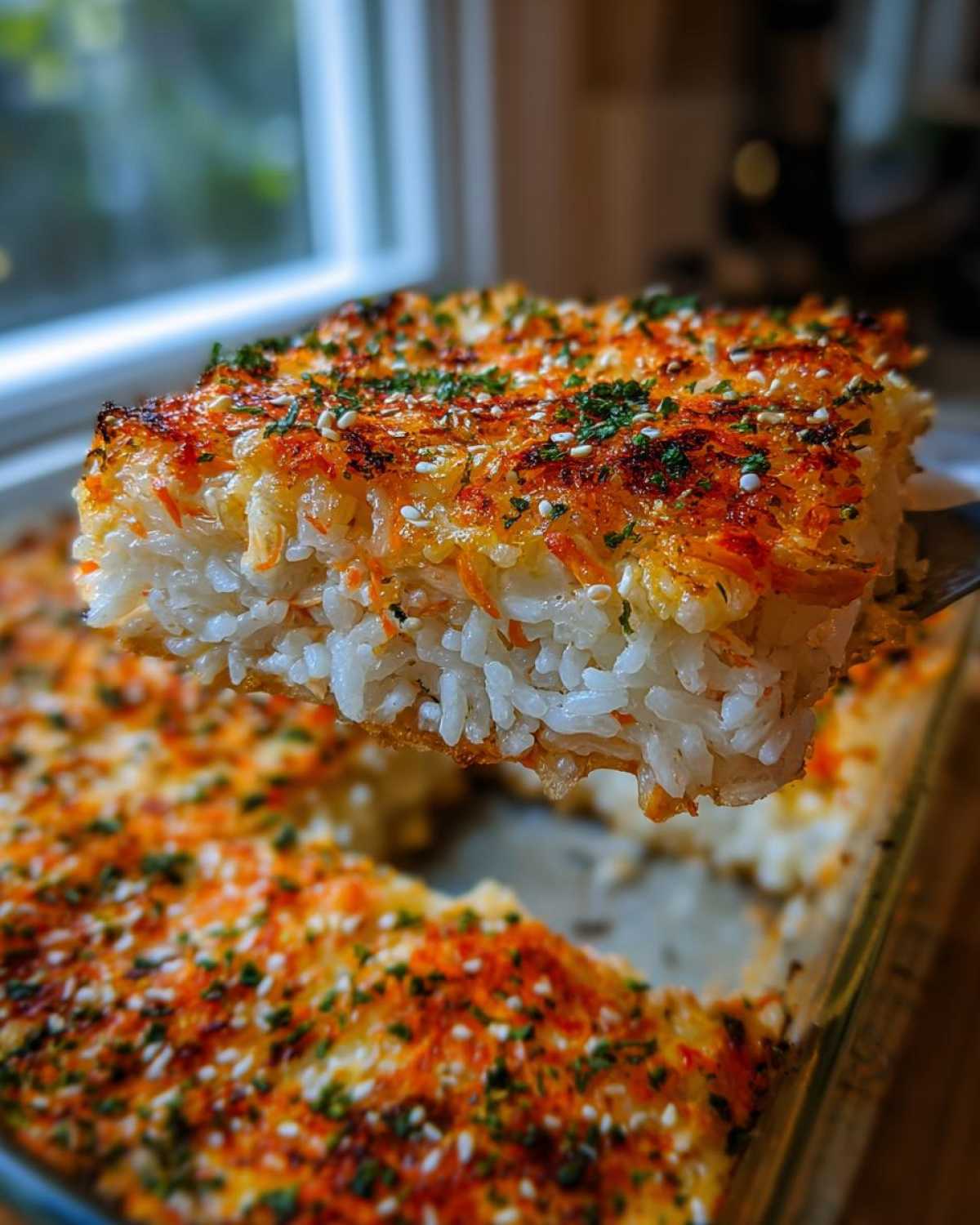 A lifted slice of cheesy, baked sushi bake topped with furikake and sesame seeds.