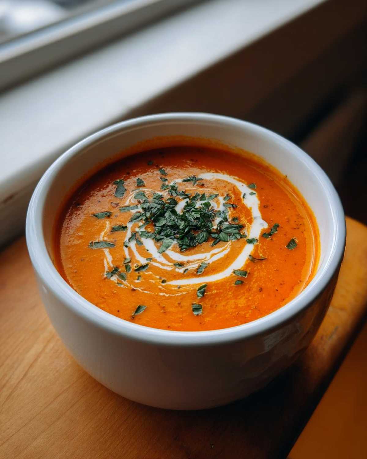 A close-up of a white bowl filled with rich, orange tomato bisque, swirled with cream and topped with fresh parsley.