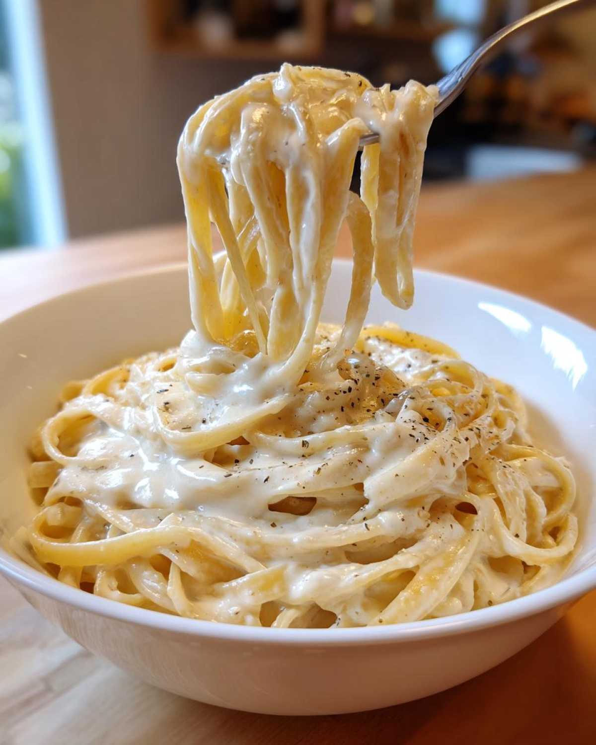 A fork lifts fettuccine noodles coated in rich Vegan Creamy Cashew Alfredo Sauce from a white bowl.