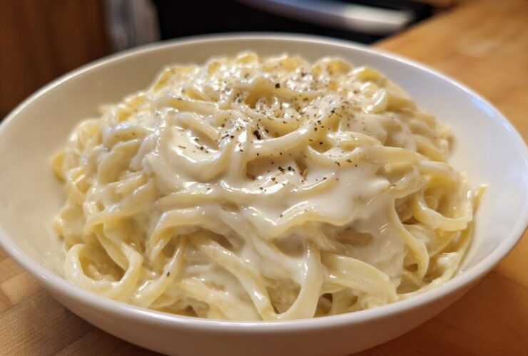 A white bowl filled with fettuccine pasta generously coated in Vegan Creamy Cashew Alfredo Sauce and topped with black pepper.