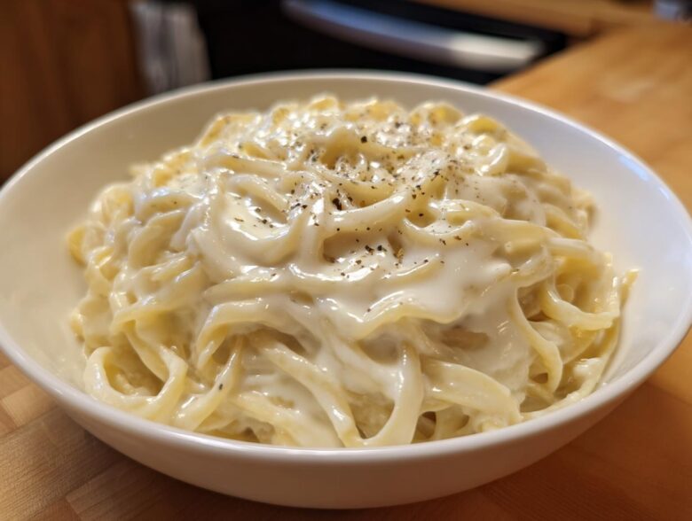 A white bowl filled with fettuccine pasta generously coated in Vegan Creamy Cashew Alfredo Sauce and topped with black pepper.