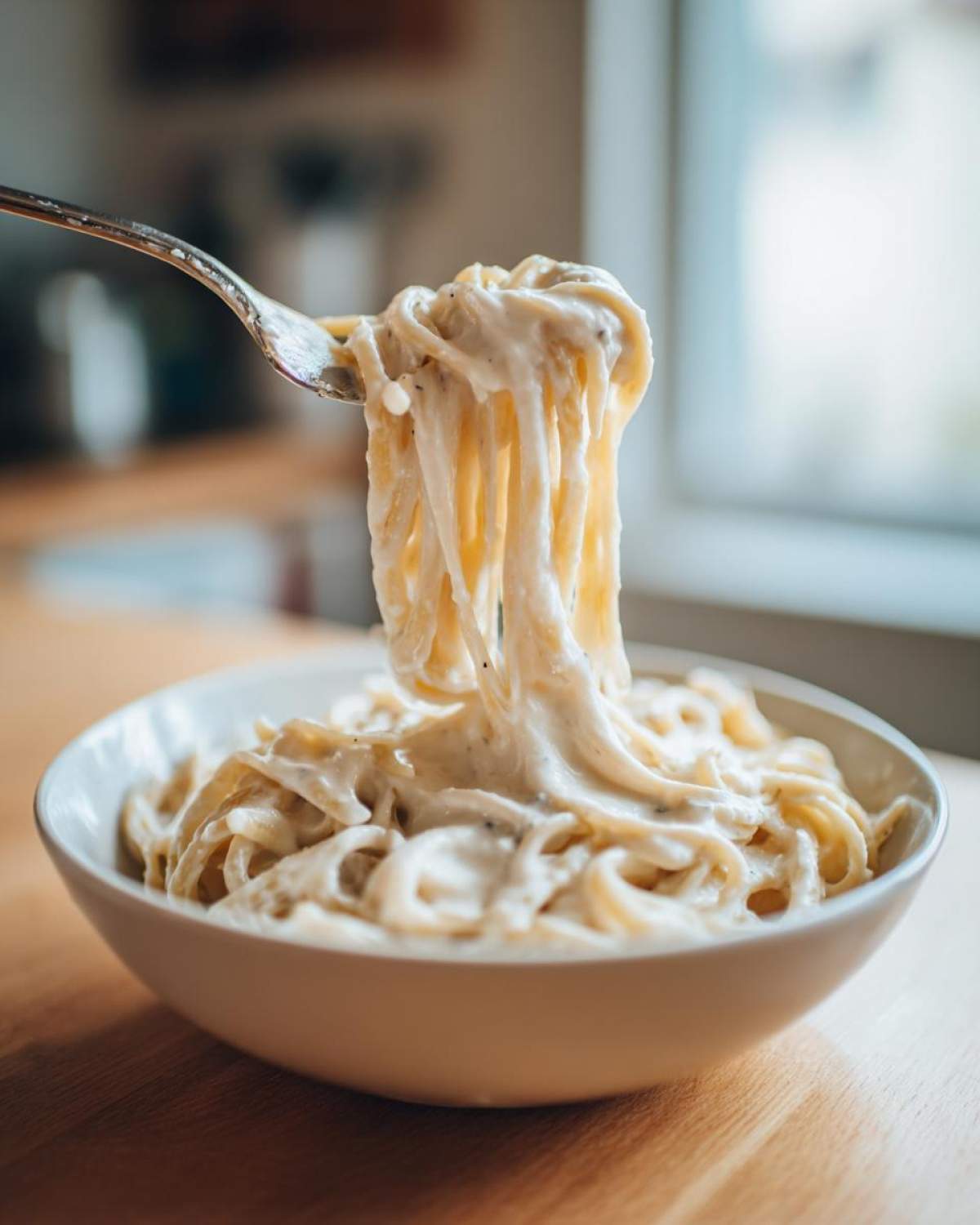 A fork lifting fettuccine coated in rich Vegan Creamy Cashew Alfredo Sauce from a white bowl.