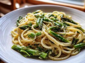 A close-up of creamy Vegan Lemon Asparagus Pasta tossed with bright green asparagus spears and peas.