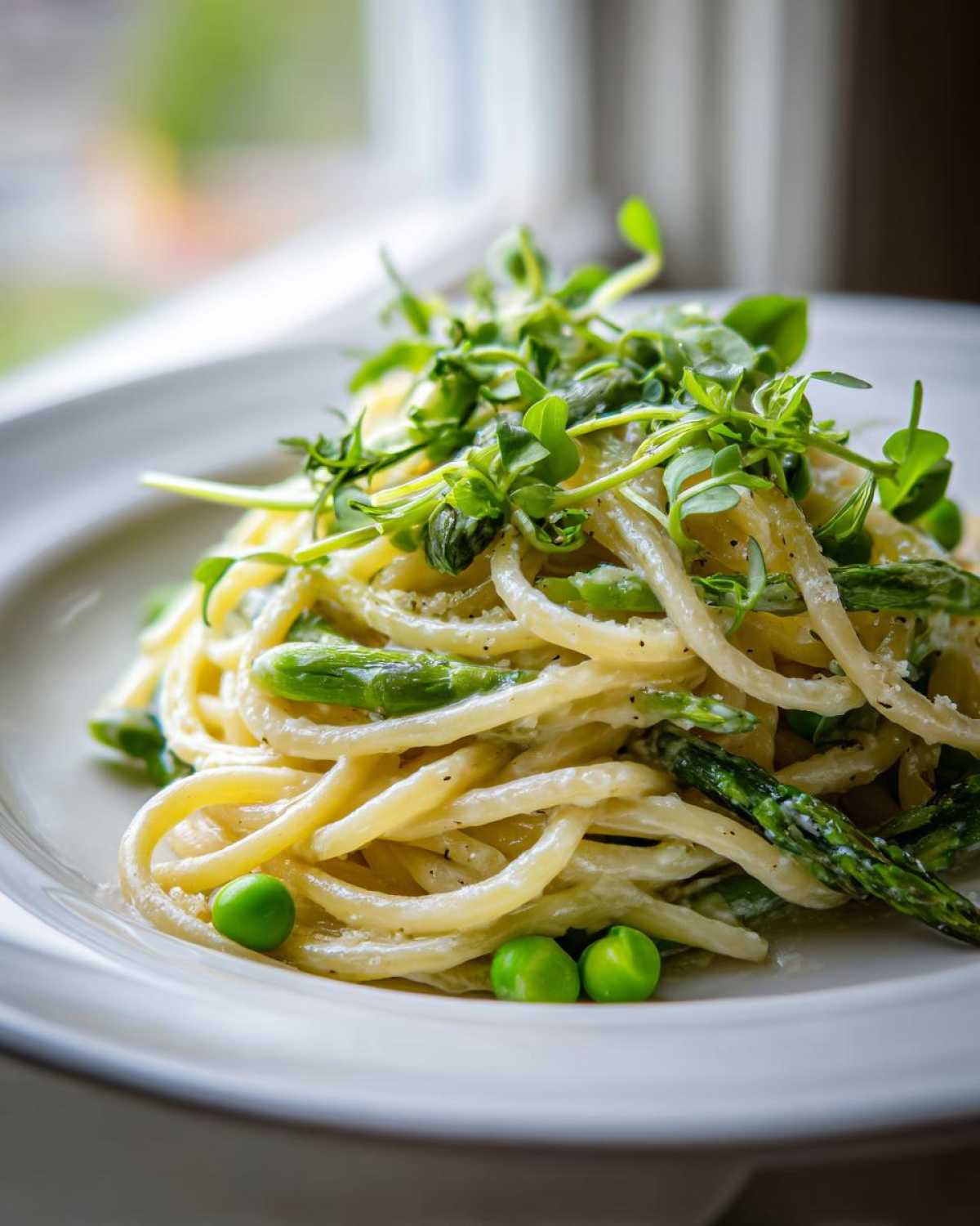 A close-up of creamy Vegan Lemon Asparagus Pasta topped generously with fresh pea shoots and whole peas.