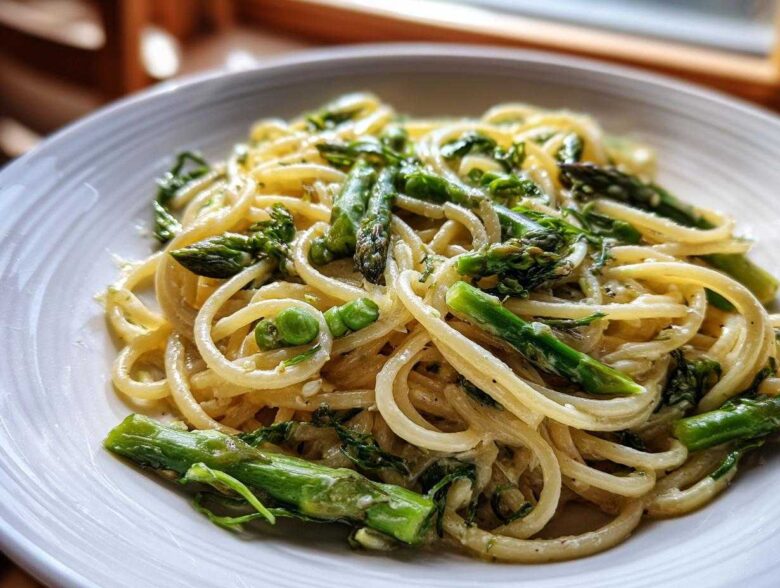 A close-up of creamy Vegan Lemon Asparagus Pasta tossed with bright green asparagus spears and peas.