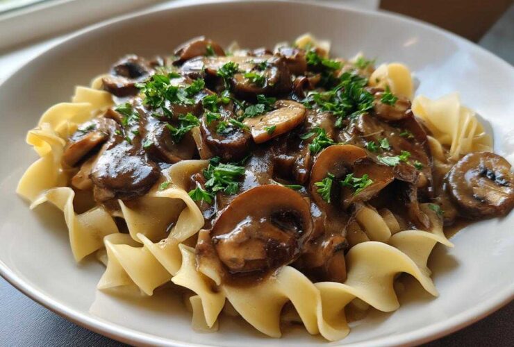Close-up of Vegan Mushroom Stroganoff served over wide egg noodles and garnished with fresh parsley.