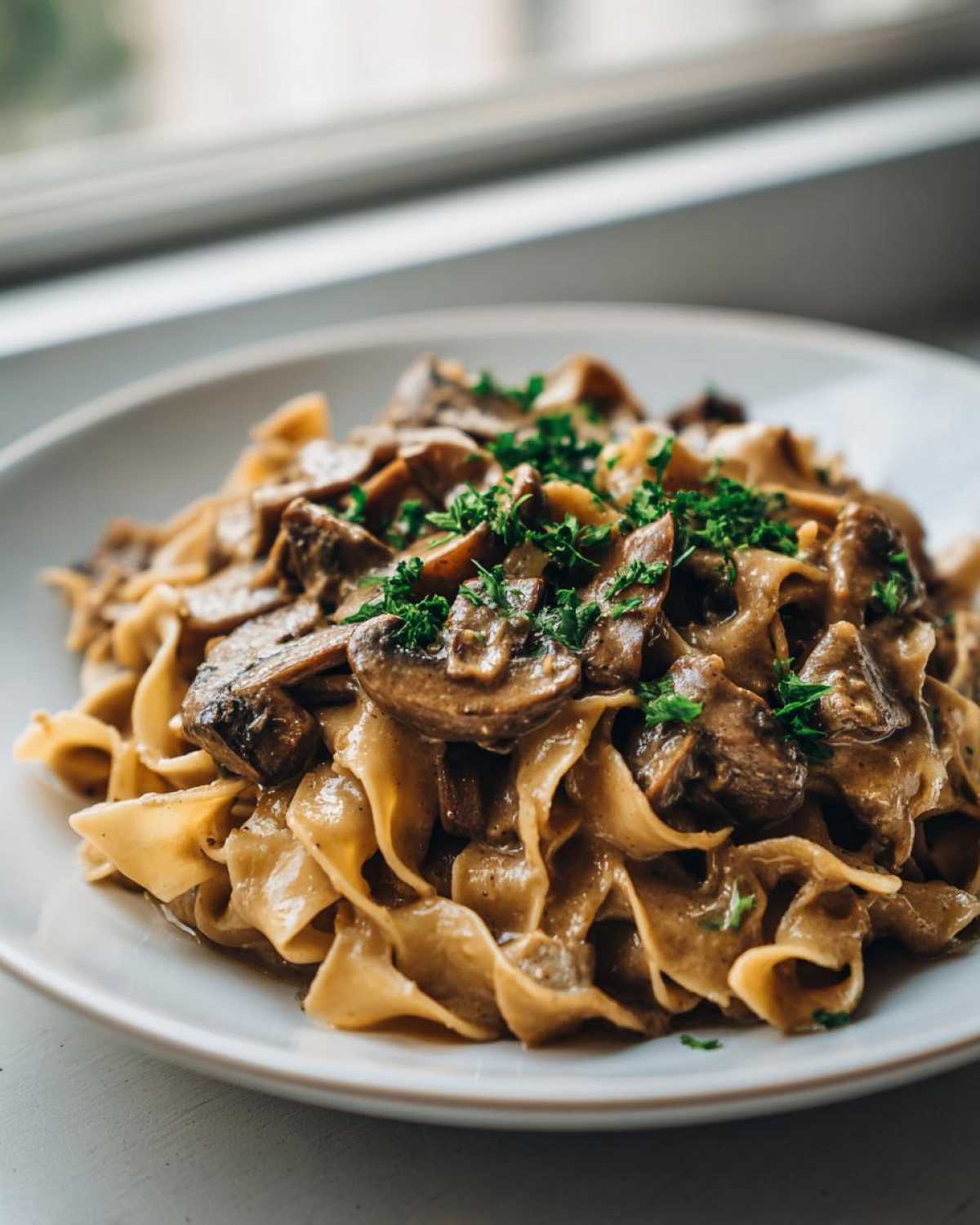 A close-up of a plate of Vegan Mushroom Stroganoff served over wide egg noodles and topped with fresh parsley.