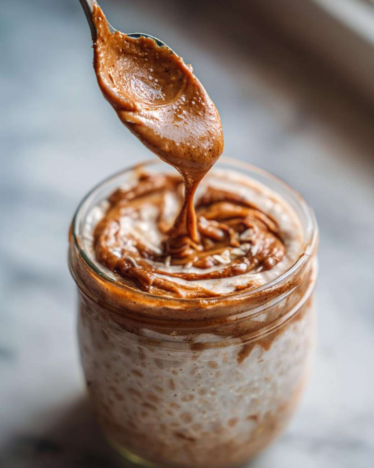 A spoonful of creamy peanut butter drips onto Vegan Peanut Butter Banana Overnight Oats in a glass jar.