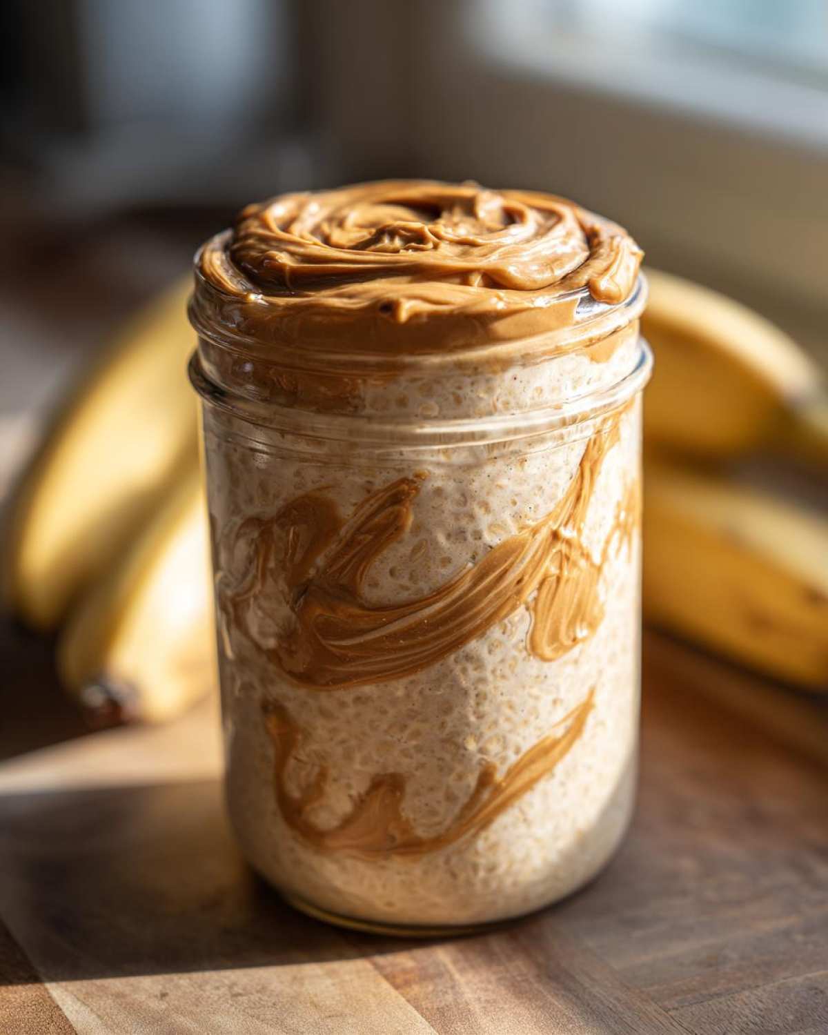 Close-up of Vegan Peanut Butter Banana Overnight Oats in a jar, topped with swirled peanut butter.