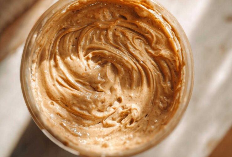 Overhead close-up of creamy, swirled peanut butter mixture being prepared for Vegan Peanut Butter Banana Overnight Oats.