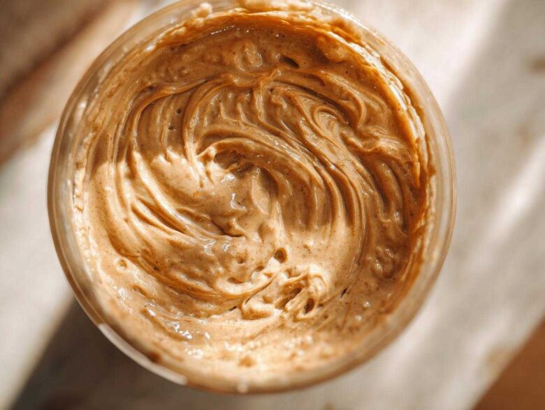 Overhead close-up of creamy, swirled peanut butter mixture being prepared for Vegan Peanut Butter Banana Overnight Oats.