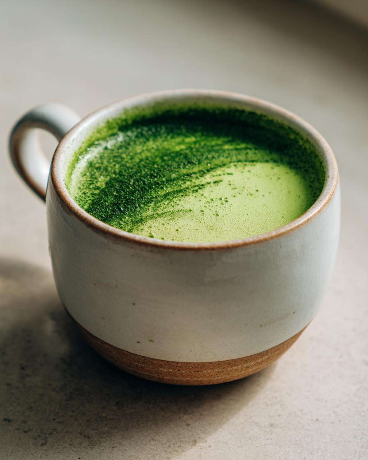 Close-up of a vibrant green, frothy drink, likely matcha, in a rustic white and brown ceramic mug.