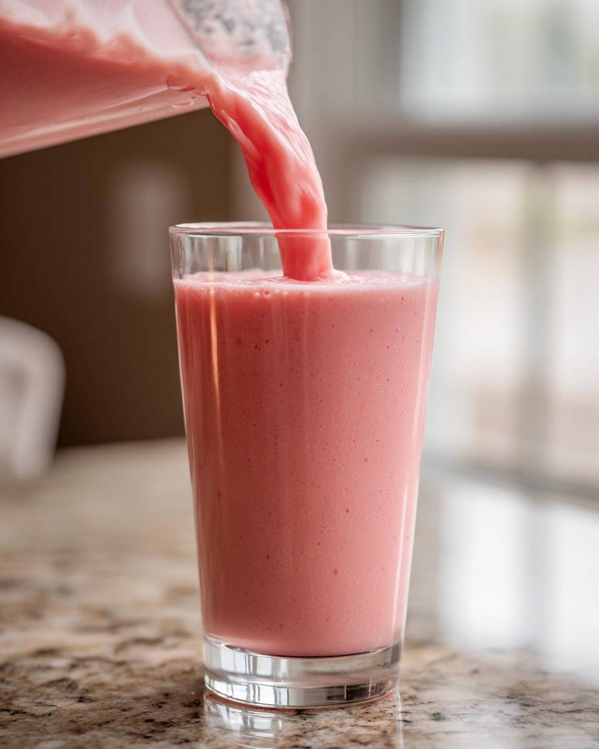 Close-up of a thick, pink watermelon smoothie being poured from a blender pitcher into a tall glass.
